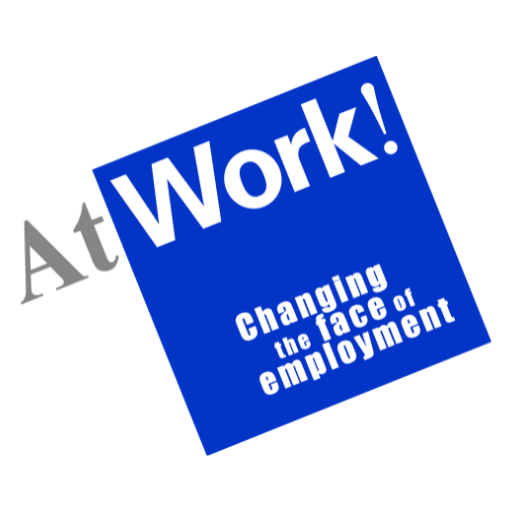AtWork! Logo; A blue box with the words, AtWork! Changing the Face of Employment.